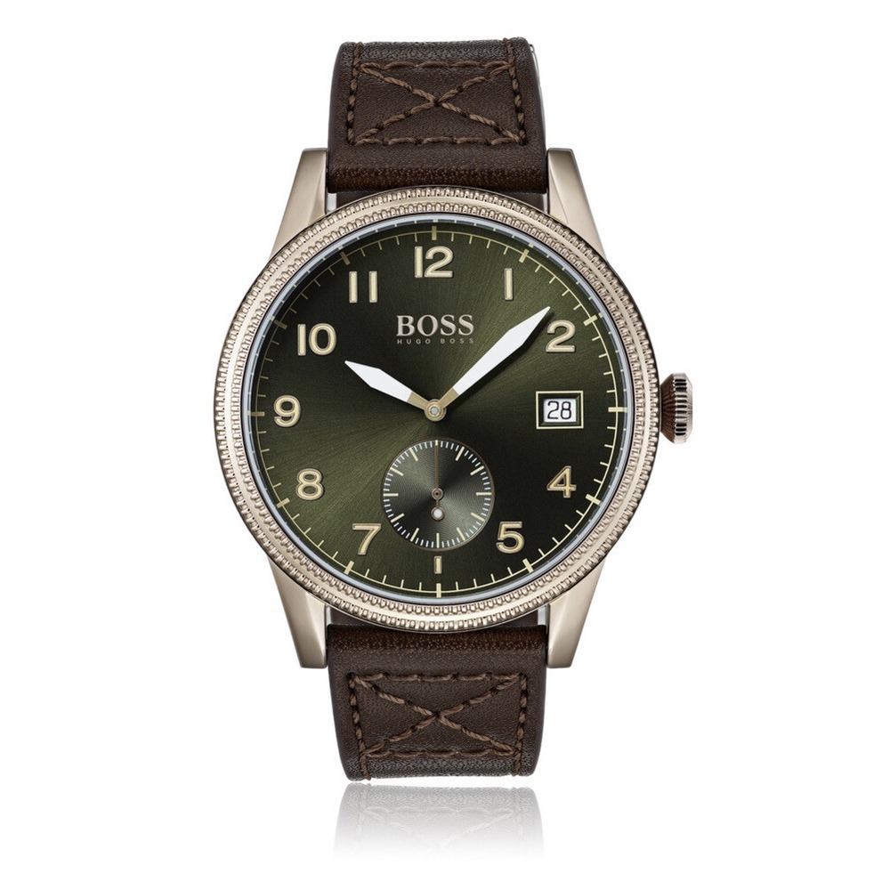 Boss Hugo Boss Textured-bezel watch with brown Italian leather strap W000009